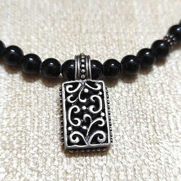 Black Bead and Silver Scroll Pendant Necklace 16" with 2" Extender - Picture 2 of 8
